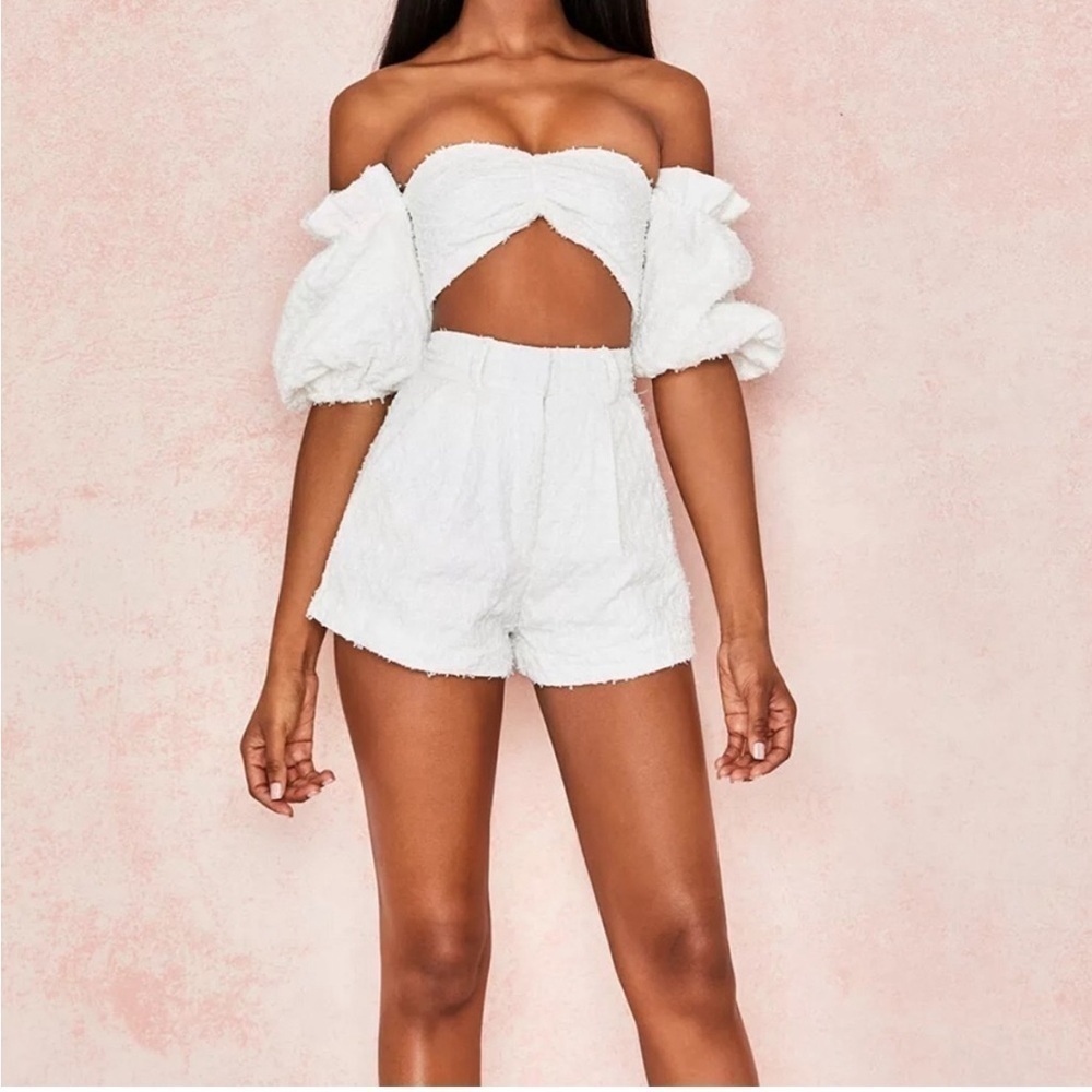House Of CB Soraya Tweed Lace Shorts White High Rise 10 12 Coquette Preppy Chic